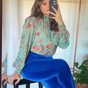 Seafoam Green Floral Long Sleeve Blouse